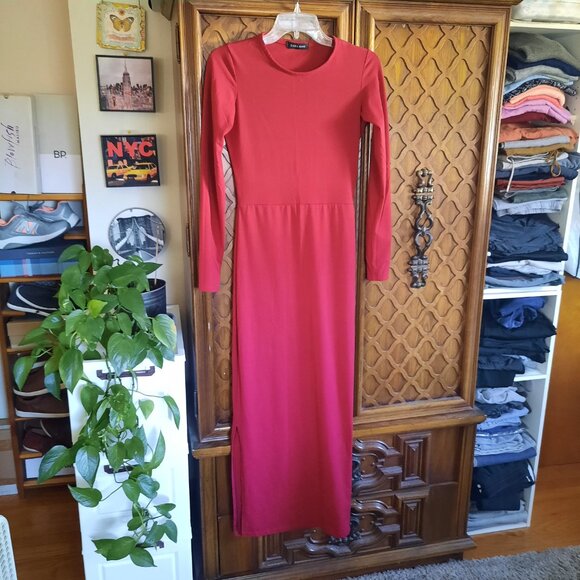 ZARA Basic Women's Long Sleeve Sheath Maxi Dress w Slit - Burgundy Red, Size XS - Picture 3 of 16